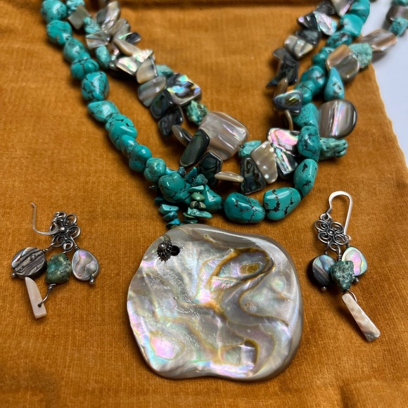 925 Turquoise & Mother of Pearl reversible necklace & earrings 24”, 2.5” center - Picture 3 of 6